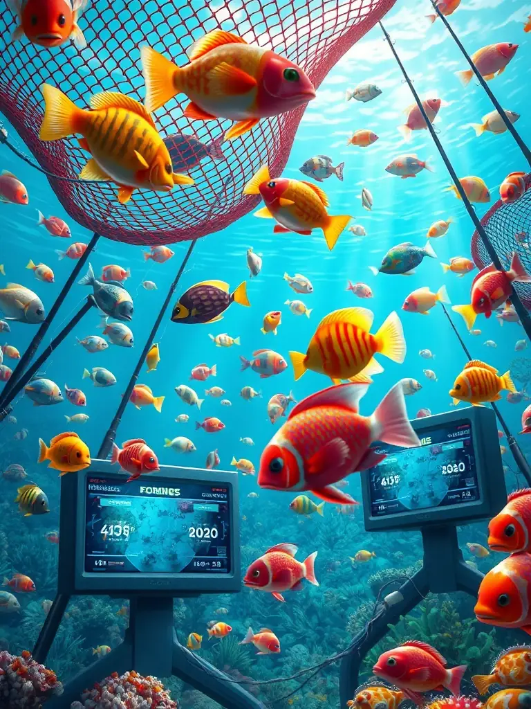 An action-packed screenshot from All-Star Fishing, featuring a variety of fishing tools, different types of fish, and the game's user interface with visible scores and levels.