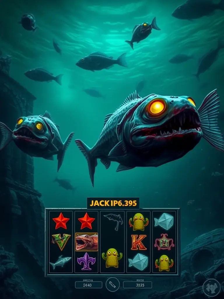 A spooky and thrilling image from Fortune Zombie, depicting zombie-themed fish, eerie underwater environments, and the game's interface with visible jackpot amounts and special symbols.