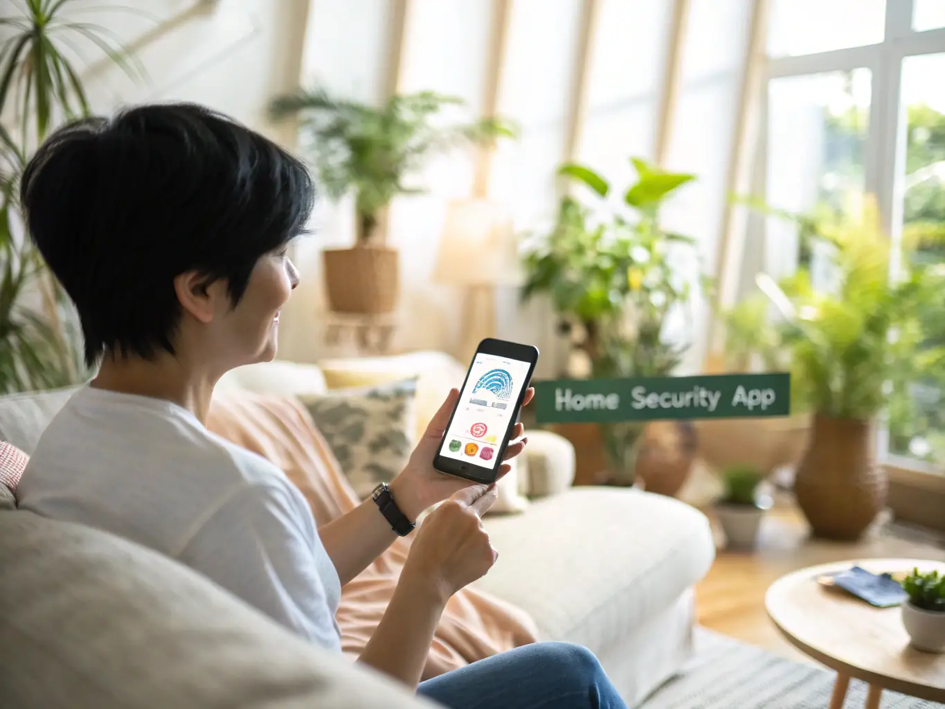 A person happily using the WK777 mobile app on their smartphone while relaxing at home, showcasing the convenience of mobile gaming.