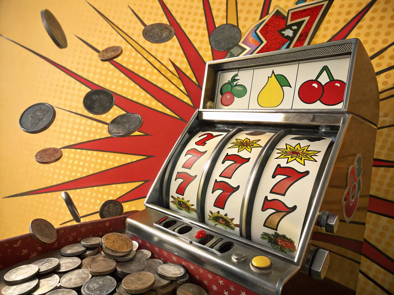 A vibrant and colorful image showcasing various slot game symbols such as fruits, lucky sevens, and bonus icons, set against a backdrop of a virtual casino.