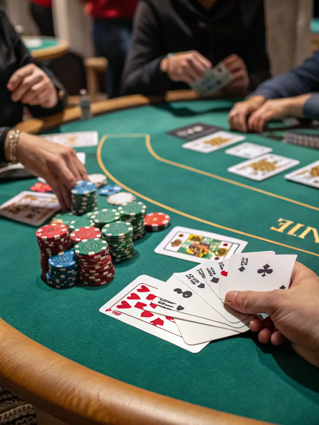 A professional-looking image of a virtual poker table with players engaged in a game, showcasing the strategic and competitive nature of online poker on WK777.
