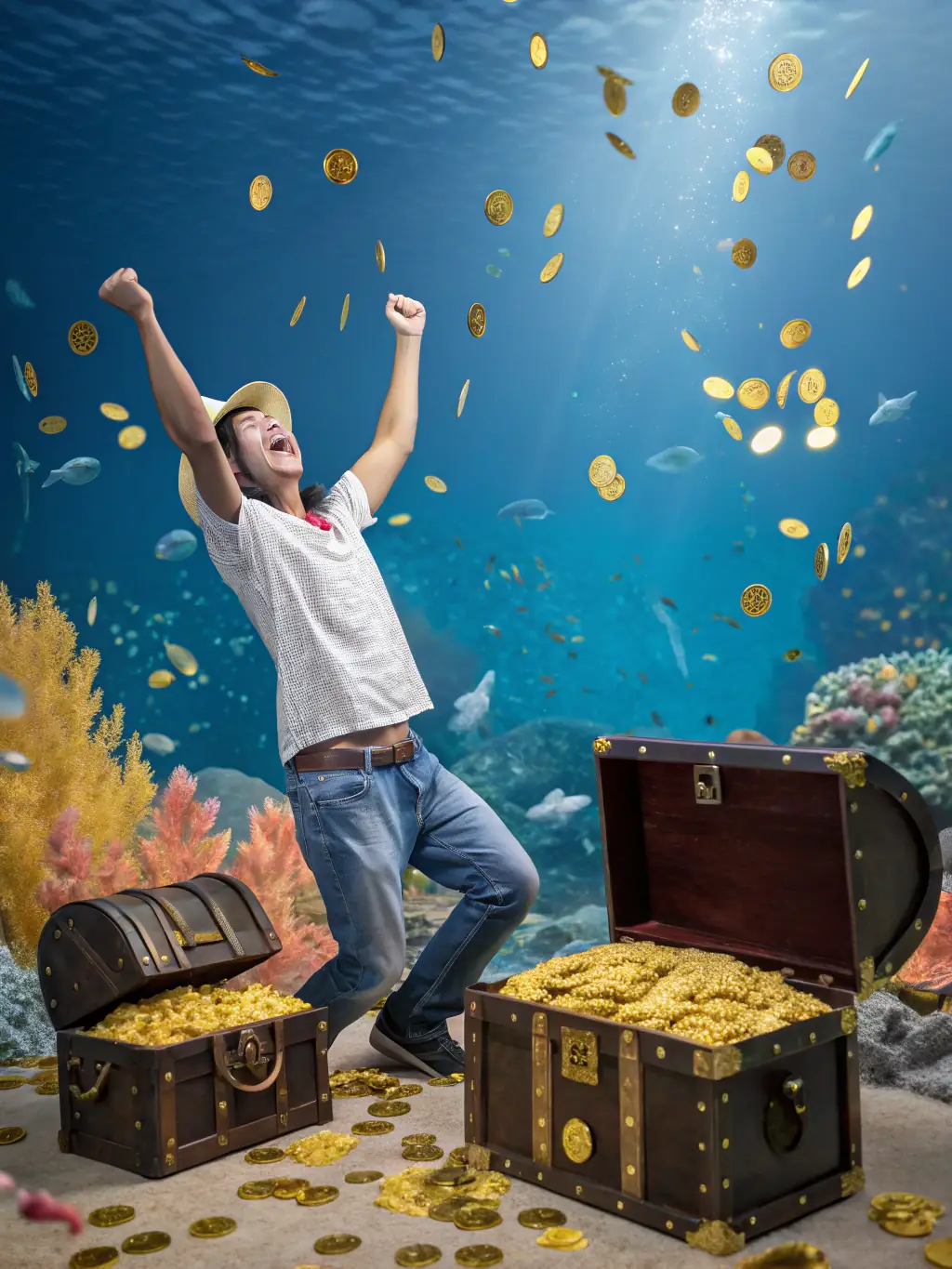 A cheerful and lively image of the Happy Fishing slot game, featuring cartoonish fish and colorful bonus symbols.