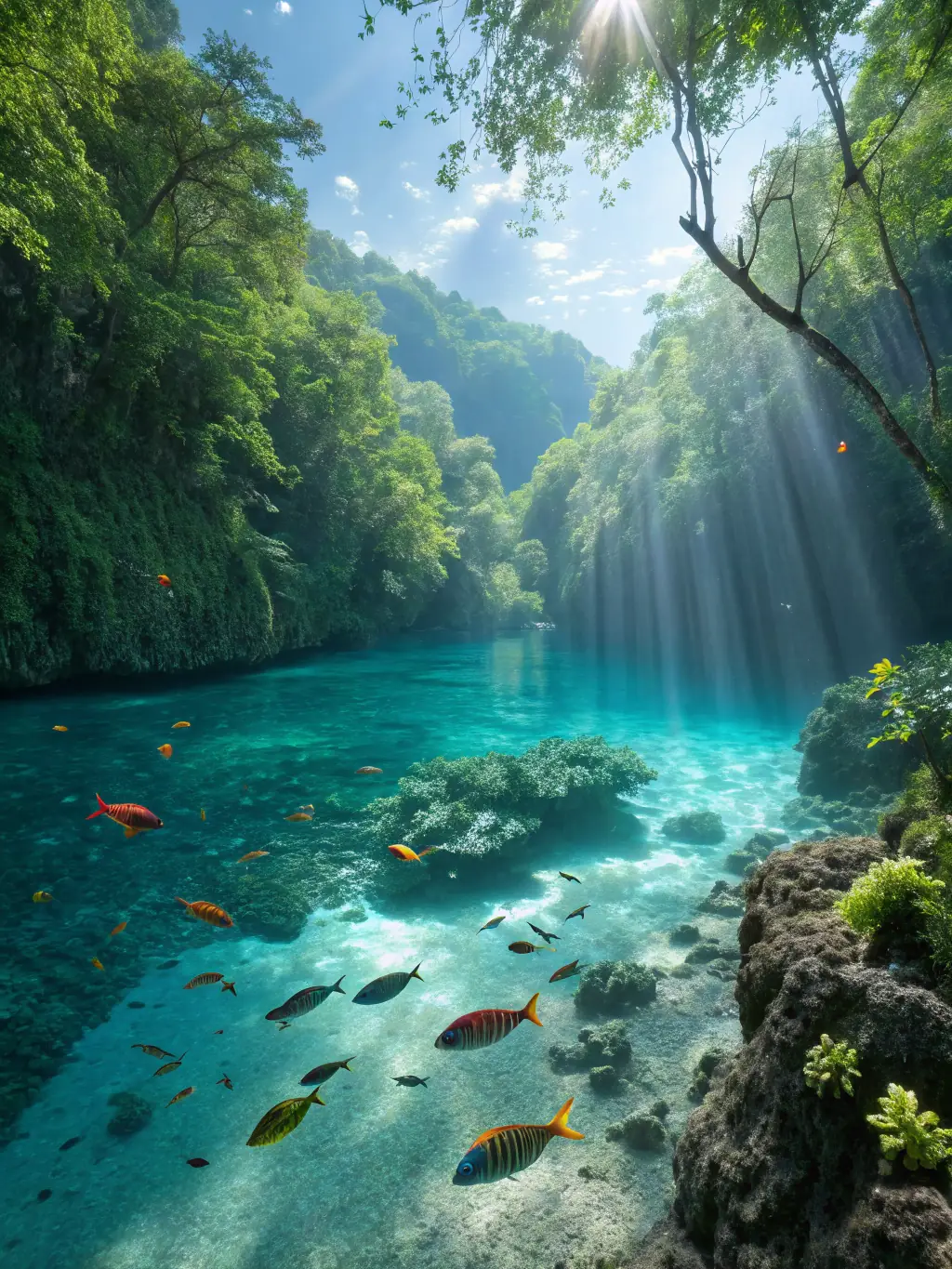 A captivating image from Dinosaur Tycoon, showcasing prehistoric fish species, lush underwater landscapes, and the game's interface with visible tycoon elements and resource management features.