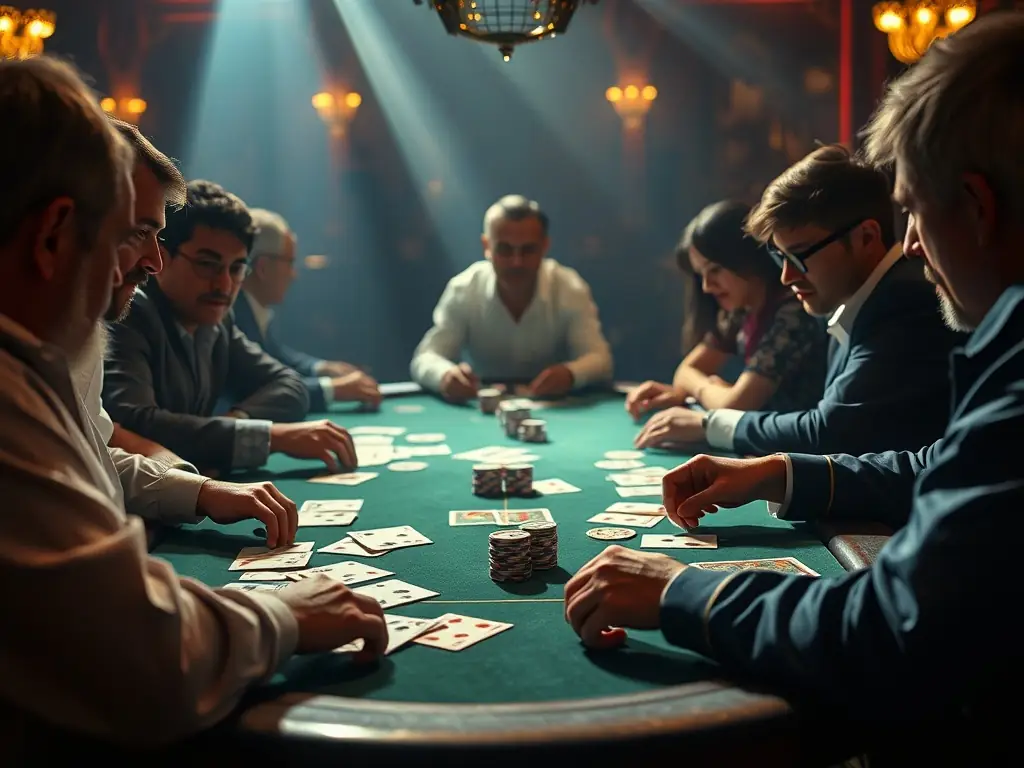 A dynamic image showcasing a poker table with chips, cards, and players, emphasizing the strategic and competitive nature of poker games.